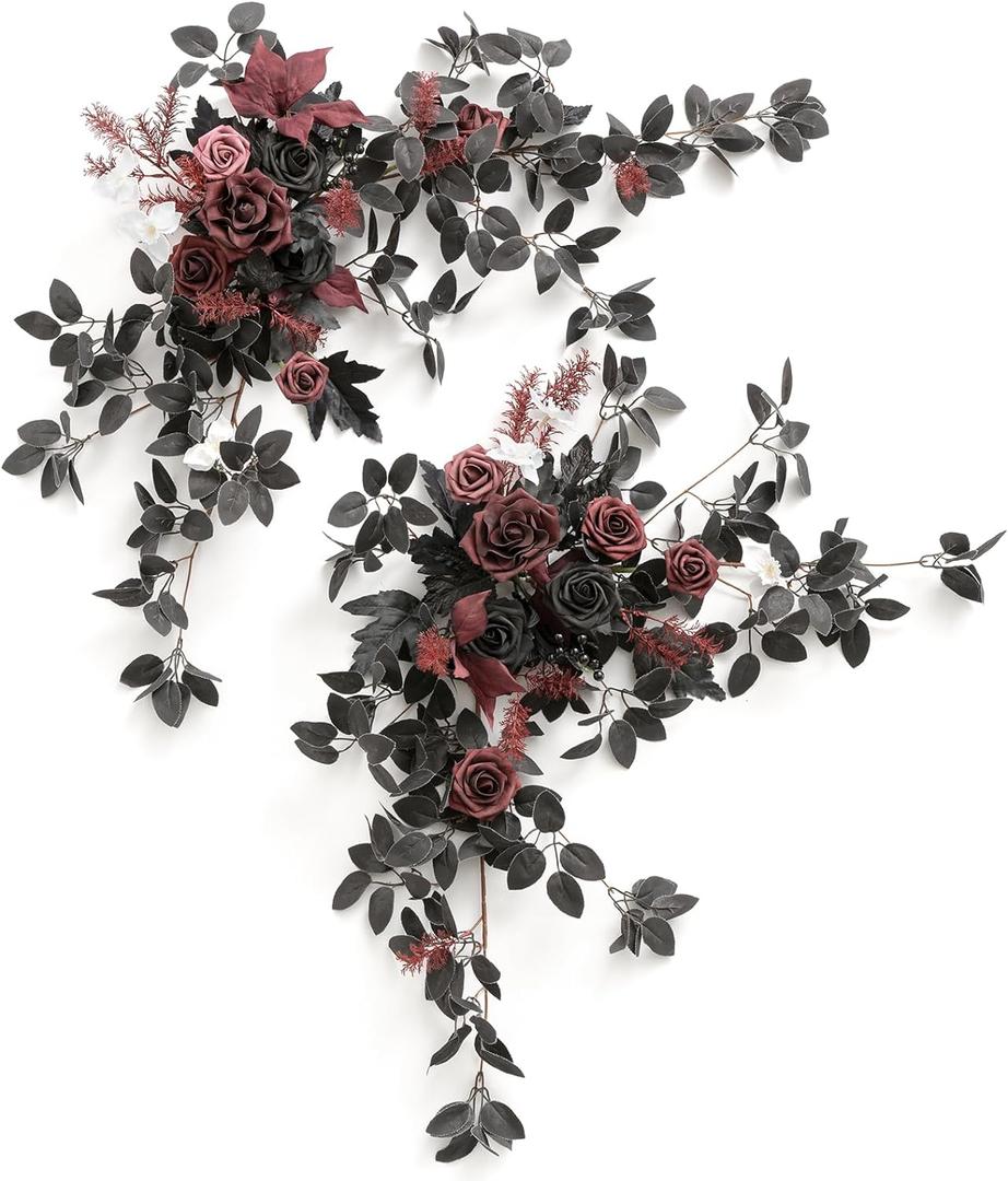 Ling's Moment 2PCS Black Arch Flowers Artificial Floral Swags Centerpieces Burgundy Wedding Rose Garland Greenery Arrangements for Sweetheart Table Decor Wall Window Garden Decor Maroon Gothic