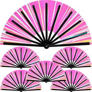 6 Pcs Large Folding Fan for Line Dancing 13" Big Holographic Rave Handheld Popping Clapping Fans Boots on the Ground Fan for Women(Pink)