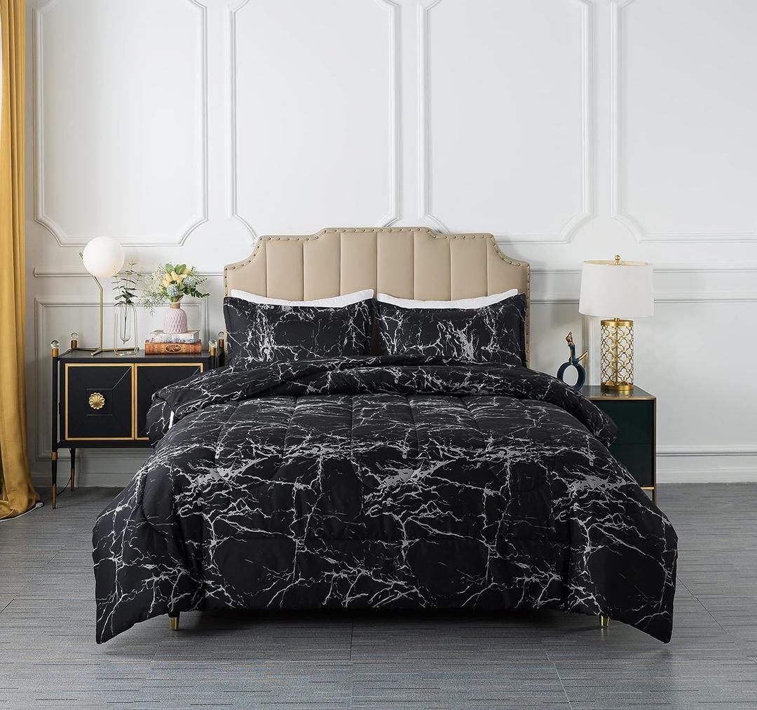 Caressma Twin Size Black Marble Comforter Set, Lightweight Soft 100% Microfiber Bedding Comforter Sets, Fluffy Comforter with Pillowcase 2 Pieces