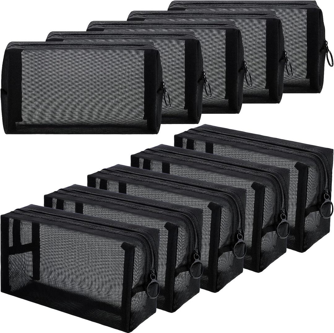10Frienda 10 Pieces Mesh Makeup Bag Portable Mesh Cosmetic Bag Black Zipper Pouch Breathable Travel Toiletry Bag for Home Offices Travel Accessories Organizer