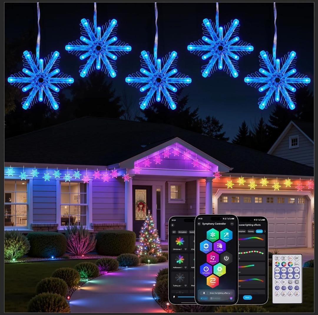 Brightown Smart Christmas Snowflake Lights, 36ft 288LED with 24 Drops Outdoor Icicle Lights with Music Sync & APP Control, Waterproof Connectable, 80+ Scene Modes for Roof, Yard, Window, Patio