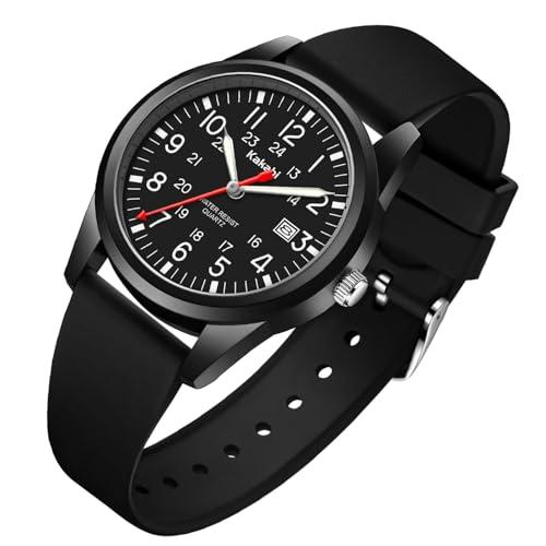 Kakabi Men's Easy to Read Watch, Unisex Military Sport Analog Quartz Casual Wristwatch with Comfortable Silicone Strap, 24 Hour Time, 30M Water Resistance