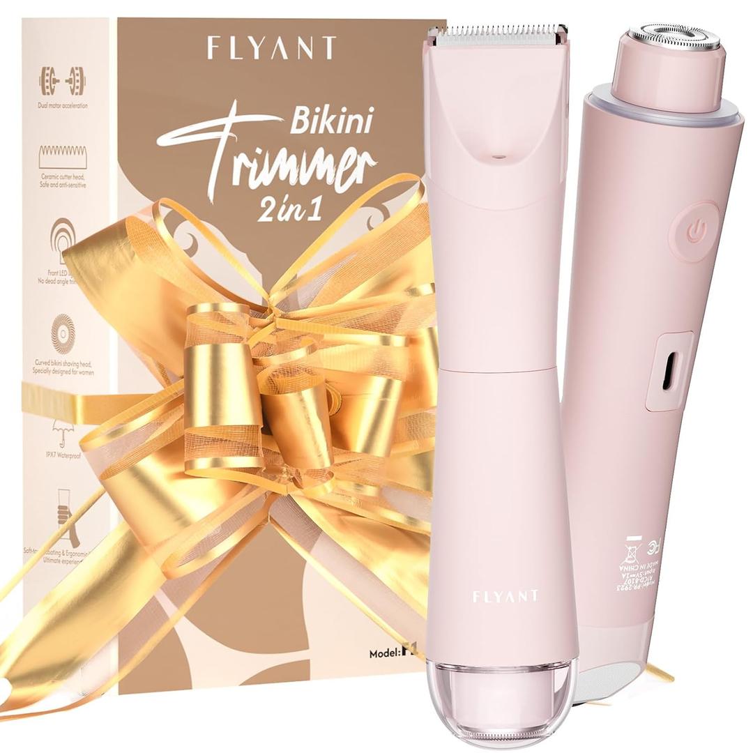 Bikini Trimmer for Women, 2 in 1 Electric Shaver for Women, Pubic Hair Trimmer Waterproof IPX7 with LED, Bikini Razor for Leg Arm Underarm Bikini Area, Pull Bows Gift Box for Friends - Pink