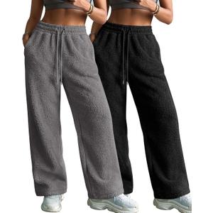 Velvelhall 2 Pack Women's Fleece Sweatpants Wide Leg Winter Thermal Pants Drawstring Waist with Pockets Fuzzy Lounge Pajamas(Black, Light Gray,X-Large)