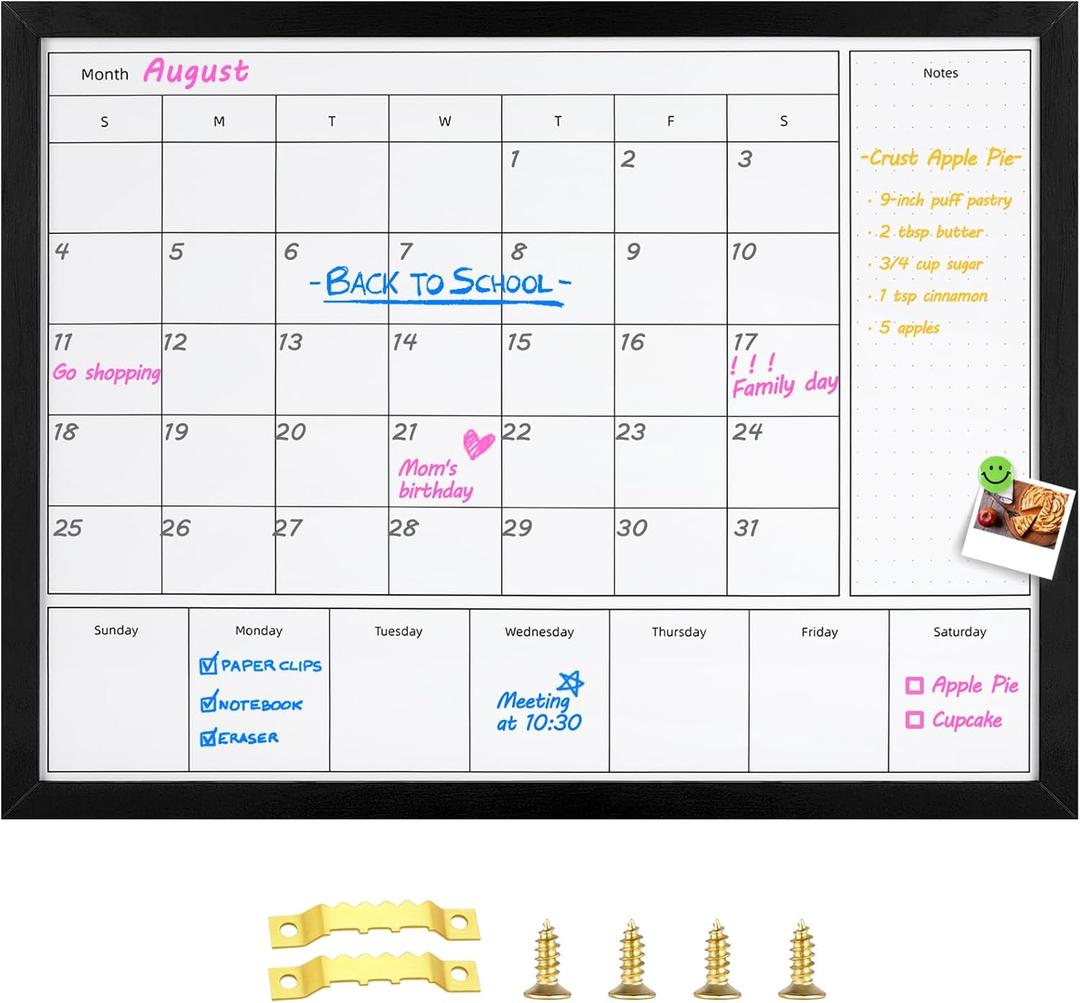 3-in-1 Dry Erase Calendar for Wall, Magnetic Monthly & Weekly Calendar Whiteboard, Dry Erase Board for Wall with Black Wood Frame, Hanging White Board Calendar for Decor/Memo(YL+ZL-BK,6080), Size: 31.5" X 23.6"