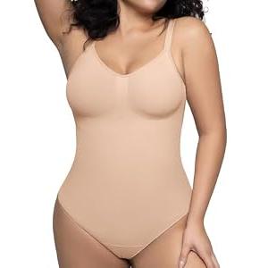 PUMIEY Shapewear Bodysuit for Women Tummy Control V-Neck Sculpting Thong Body Shaper Tank Top, Latte Thong, Small-Medium