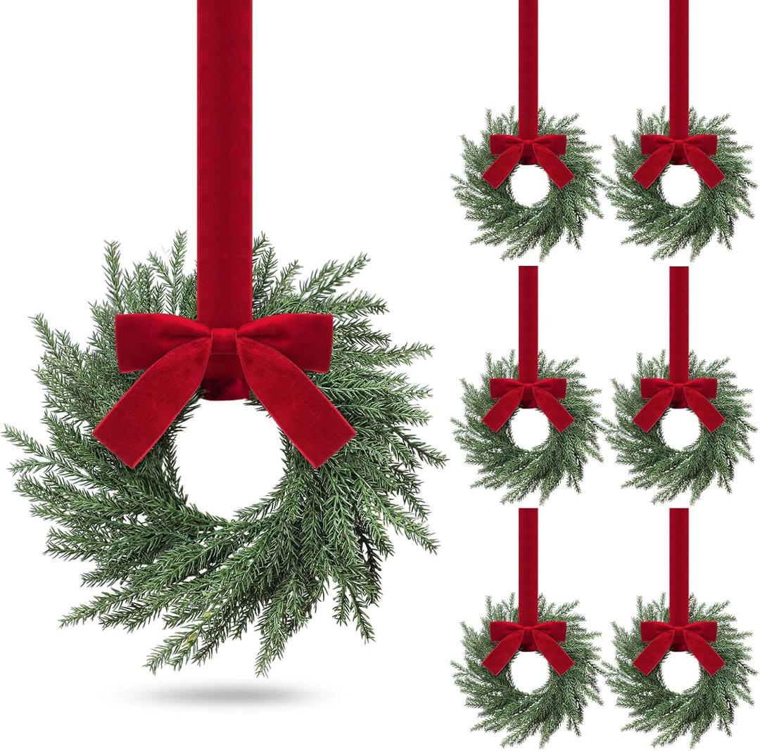 6 Pcs Small Christmas Norfolk Wreaths Evergreen 12.6 Inch Christmas Kitchen Cabinet Mini Wreaths Real Touch with Bow and Burgundy Ribbon for Xmas Front Door Window Home Table Pillar Decor