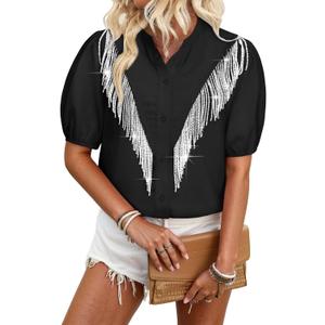 MYMORE Womens 2025 Western Cowgirl Rhinestone Fringe Shirt Blouse Sparkly Puff Short Sleeve Button Down Shirt Jacket Dolly Costume Parton Nashville Cowboy Rodeo Country Concert Outfit Costume Black XL