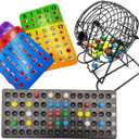 Yuanhe Deluxe Bingo Game Set - 6 Inch Metal Cage with Calling Board, 5 Shutter Slide Cards, 75 Colored Balls, for Large Group Games