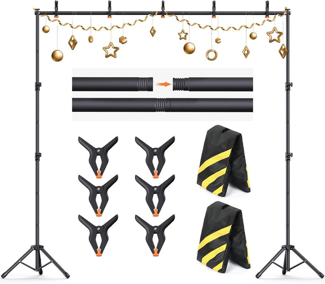 Backdrop Stand 108ft (WH) Adjustable Backdrop Support Ground Kit Photography Photo Shoot Backdrop Stand for Parties with Sandbags, Spring Clips, Carrying Bag