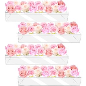 4Pcs Acrylic Flower Vase with 64 Holes,63 inch Decorative Long Clear Vase Modern,Rectangular Acrylic Vases Clear Floral Centerpiece for Dining Table Reception Home Party Decorations