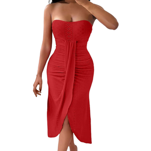 Women's Strapless Ruched High Waist Wrap Split Asymmetrical Beach Maxi Long Dresses S Women's Strapless Ruched High Waist Wrap Split Asymmetrical Beach Maxi Long Dresses S