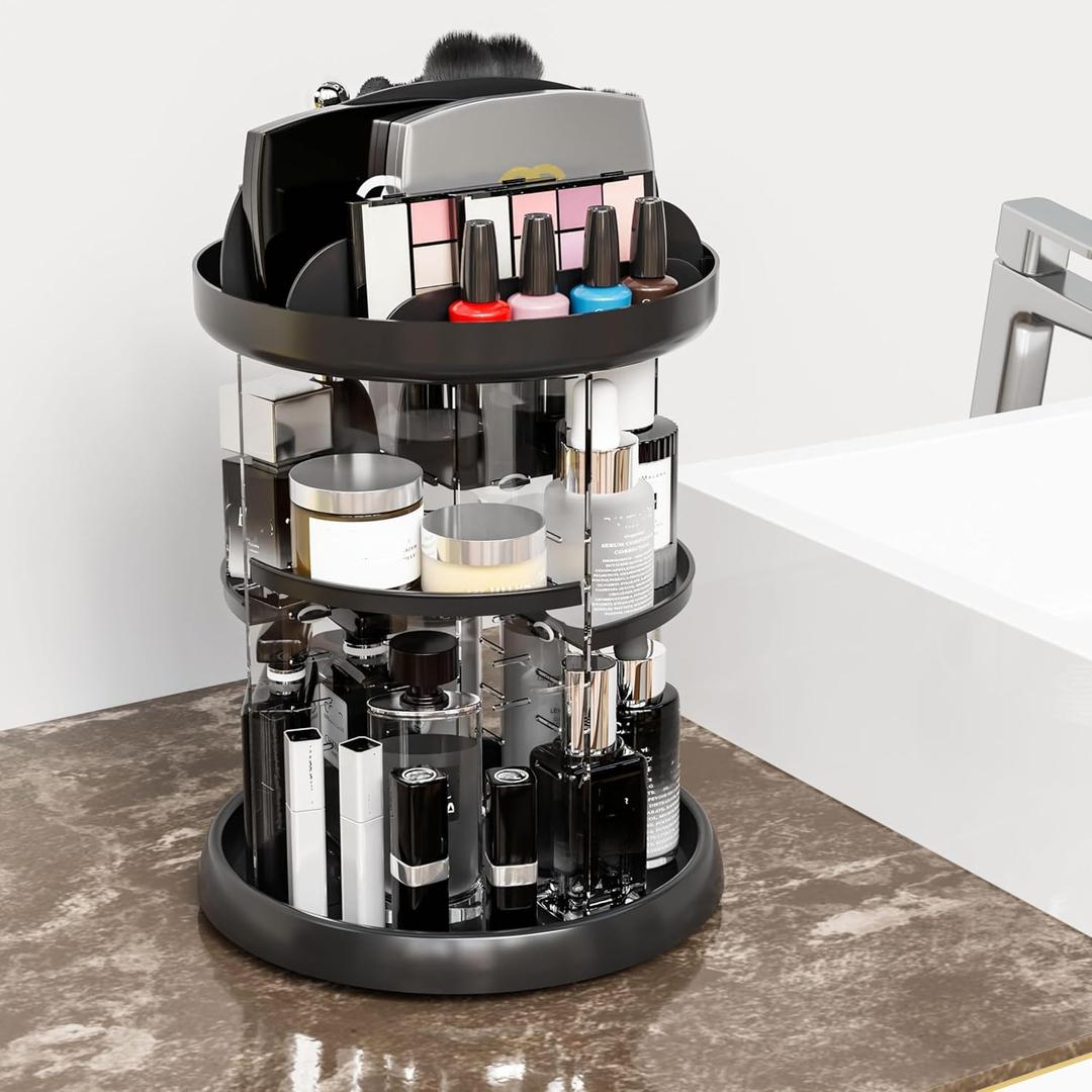 Yieach Rotating Make up Organizers for Counter,Adjustable Spinning Organizer for Vanity,Rotating Perfume Organizer,Lazy Susan Bathroom Organizer for Beauty Product,Spin Skin Care Storage Rack,Black (NO Patterns Decor)