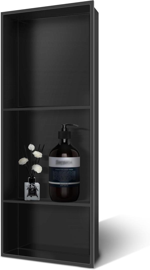 13" x 31" Black Modern Recessed Shower Niche, 3 Shelves, Wall Mounted, Stainless Steel, No Tile Needed