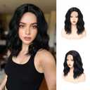 GUOJIAN Black Bob Wig 14 Inch Black short wavy bob Shoulder Length Wave Wig for Women Middle Part Natural Looking Heat Resistant Synthetic Wigs Soft Curly Hair for Daily Party Cosplay