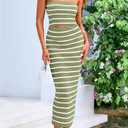 PRETTYGARDEN Womens Summer Beach Sundress Off Shoulder Cut Out Striped Bandeau Bodycon Midi Dress (Striped Army Green White,X-Large) (Green, XL)