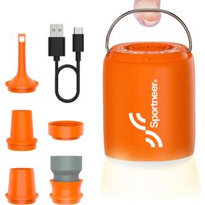 Sportneer Mini Air Pump: 1600mAh Rechargeable Air Pump for Inflatables with Hook, Magnetic and Light Function, Air Mattress Pump for Pool Floats, Sleeping Pads, Swimming Ring, Vacuum Storage Bags (Orange)