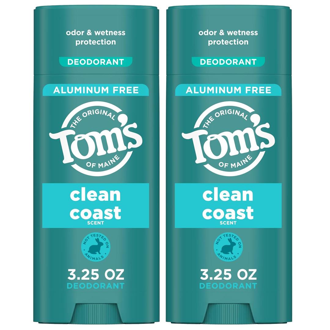 Toms of Maine Clean Coast Aluminum Free Natural Deodorant For Women & Men | Goes on Clear | Odor & Wetness Protection | Naturally Derived and Moisture-Locking Ingredients | 3.25 oz (2 Pack)