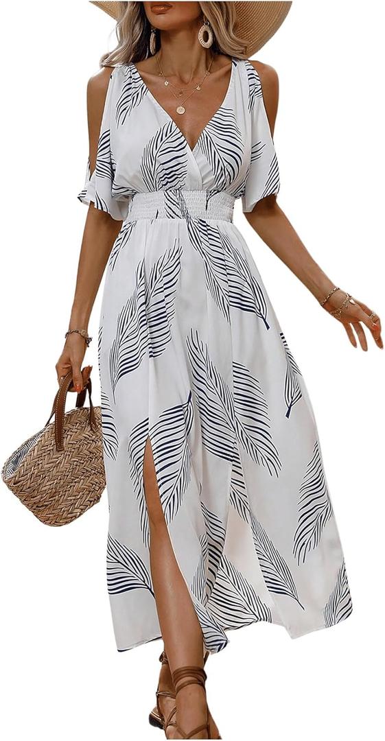 Verdusa Women's Summer Vacation Beach Dress Hawaiian Maxi Dresses Tropical Cold Shoulder Sundress Cruise Outfits 2026 Blue and White X-Large