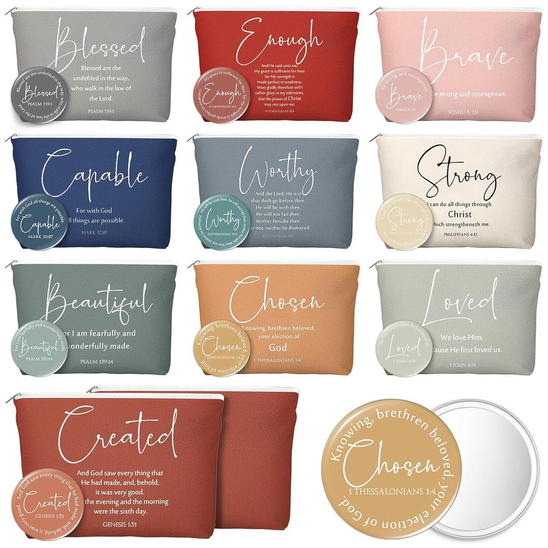 Reginary 10 Sets Christian Gifts for Women Include 10 Religious Canvas Makeup Bags with 10 Bible Verse Compact Mirrors Church Inspirational Gifts for Travel Mom Sister(Neutral Colors,Bible Words)