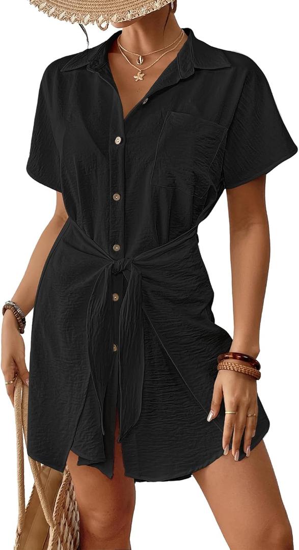 Bsubseach Womens Swimsuit Coverup Short Sleeve Button Down Tie Beach Shirt Dresses Summer Bathing Suit Cover Up Swimwear, Large, Black