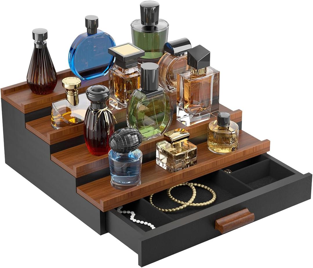 TIRYIUOU Perfume Cologne Organizer for Men: 4 Tier Wooden Perfumes Stand, Desktop Parfum Holder Wood Display Shelf with Cabinet, Bedroom Dresser Makeup Lotion Jewelry Storage Rack with Drawer