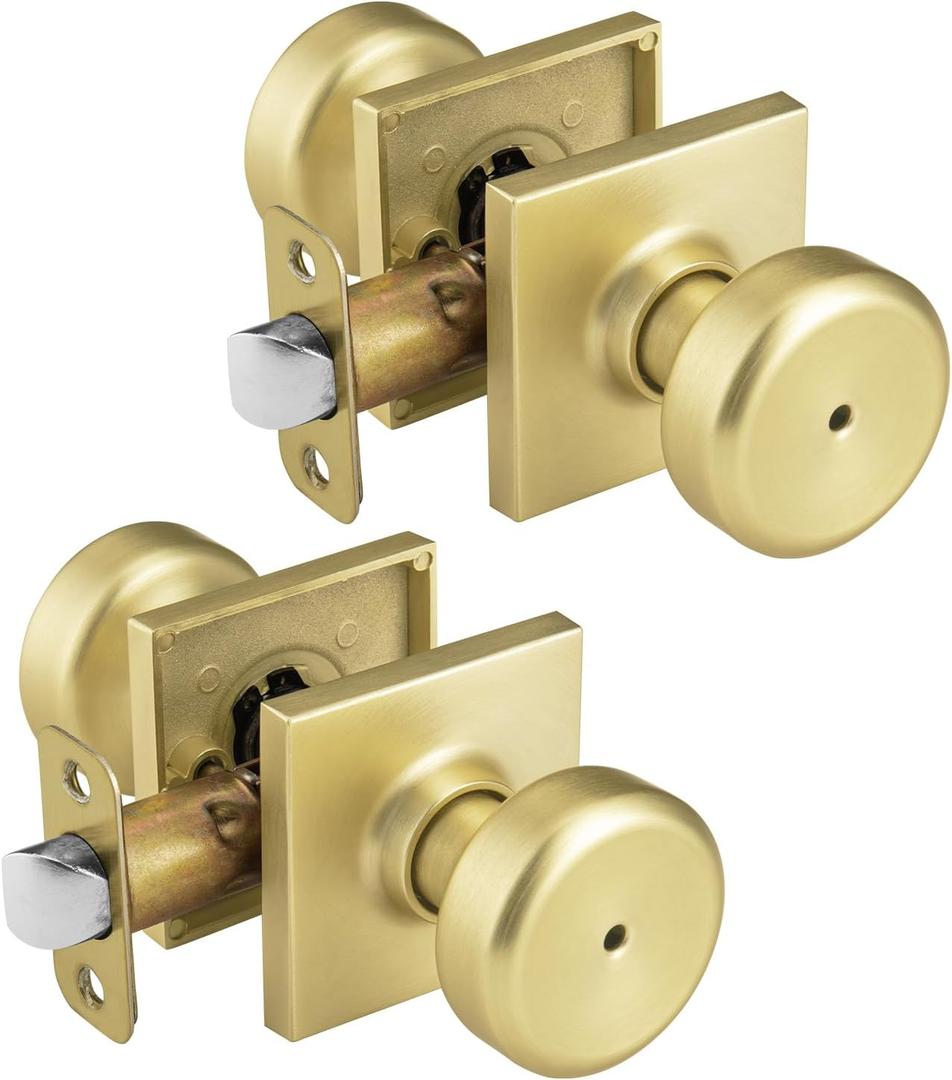 2 Pack Gold Interior Door Knobs for Bathroom & Bedroom, Pismo Doorknob Turn Lock with Square Rosette, Satin Brass Heavy Duty Door Knob with Lock