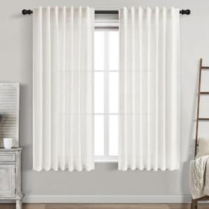 Beige White Curtains 63 Inches Long 2 Panel Sets for Living Room Bedroom Light Filtering Linen Drapes for Kitchen Windows Rod Pocket Back Tab Short See Through Curtain Home Decor 52x63