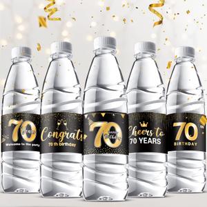 Tenare 72 Pcs Black and Gold Happy 70th Birthday Party Decorations Mini Water Bottle Label Wrappers Cheers to 70 Years Stickers for Congrats 70th Wedding Anniversary Decor Supplies, 8.5 x 2 Inch