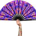 UV Glow Rave Fan, Bamboo Folding Clack Hand Fans Foldable for Men Women, Poping Fan for EDM Festival Line Dance Decoration, (Wellen, Large 13")
