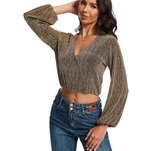 YYA Women's Sparkly Tops for Women Ruffle Sparkly Shiny Turtle Neck Shirts Long Sleeve Slim Fitted Tops, XL