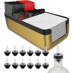 Esatto Professional Bar Products Premium Bar Caddy (Gold), Used to Easily Organize Bar Items and Workspace, With Additional 12 Pourers For Precision Pouring and 12 Pourer Covers