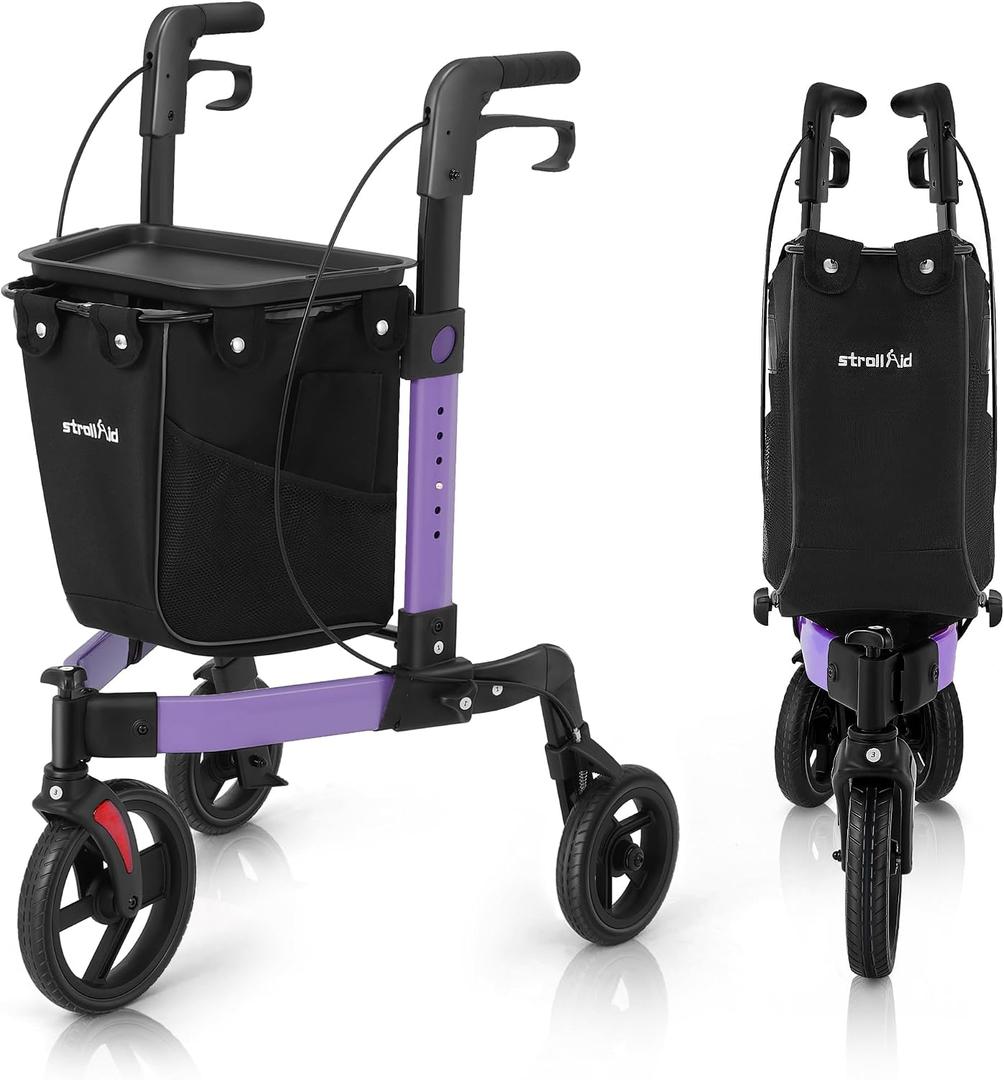3 Wheel Walkers for Seniors, Foldable Rollator Walker with Tray & Large Storage Bag, 10" Big Wheel for All Terrain, 350 lb Weight Capacity, Purple