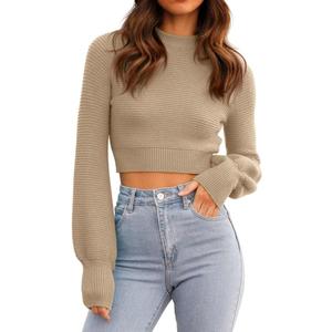 GeGekoko Womens Sexy Crew Neck Cropped Sweaters Ribbed Knit Long Sleeve Crop Tops Pullover (Medium, Khaki)