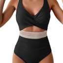 B2prity One Piece Swimsuit for Women Tummy Control V Neck Bathing Suit Color Block High Waisted Cutout Swimwear (Medium, Black)