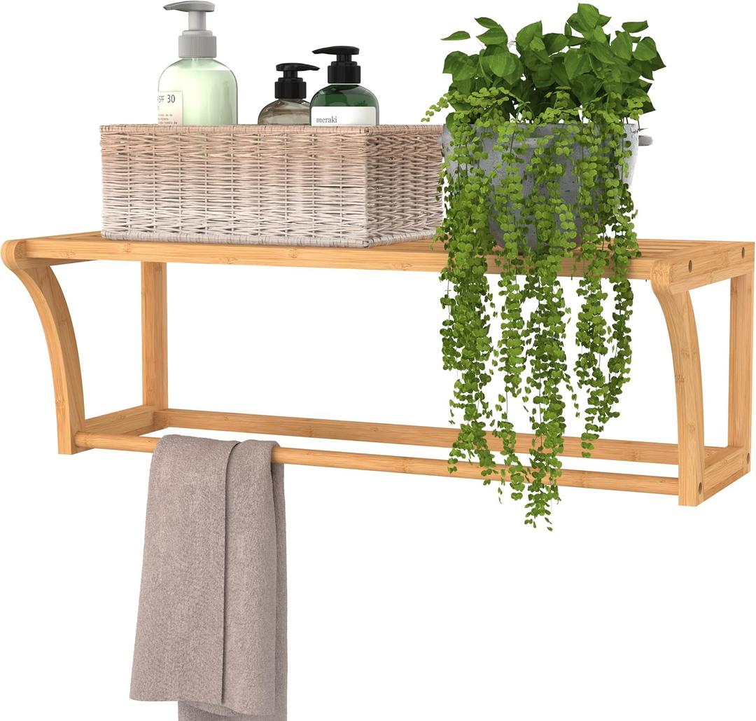 ClosetMaid Bamboo Wall Shelf with Towel Bar, Wall Mount Storage Shelves, Organizer Rack, Natural Finish, 23.6 inches x 10.2 inches x 7.9 inches
