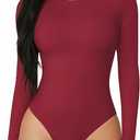 MANGOPOP Round Neck Long Sleeve Short Sleeve Bodysuits for Women Basic Body Suit Shirts Tops Medium,Long Sleeve Deep Red