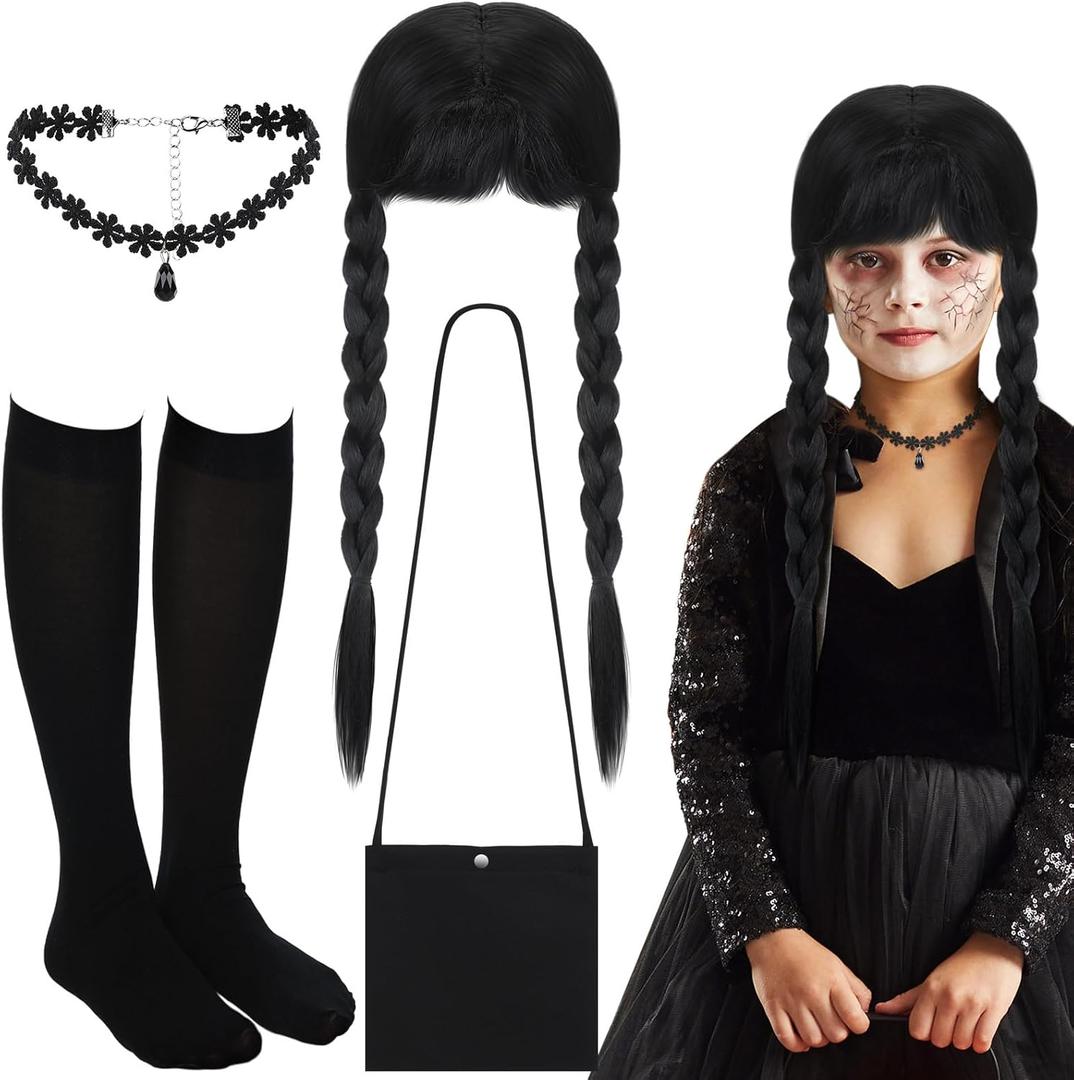 Xtinmee 4 Pcs Halloween Costumes Accessories for Girls Halloween Cosplay Party Outfit Set Black Gothic Choker Wig Bag Socks for Kids