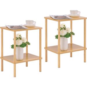 Apicizon 2 Tier End Table Set of 2, Small Side Table with Solid Wood Legs, Boho Bedside Table with Storage Shelf, Nightstand for Small Spaces, Bedroom, Living Room, Entryway, Easy Assembly, Natural