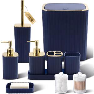 Bathroom Accessories Set - Gorgeous Bathroom Set, 10PC Navy Blue Bathroom Accessory Set, Toilet Brush, Trash Can, Qtip Holder Dispenser & Soap Dispenser