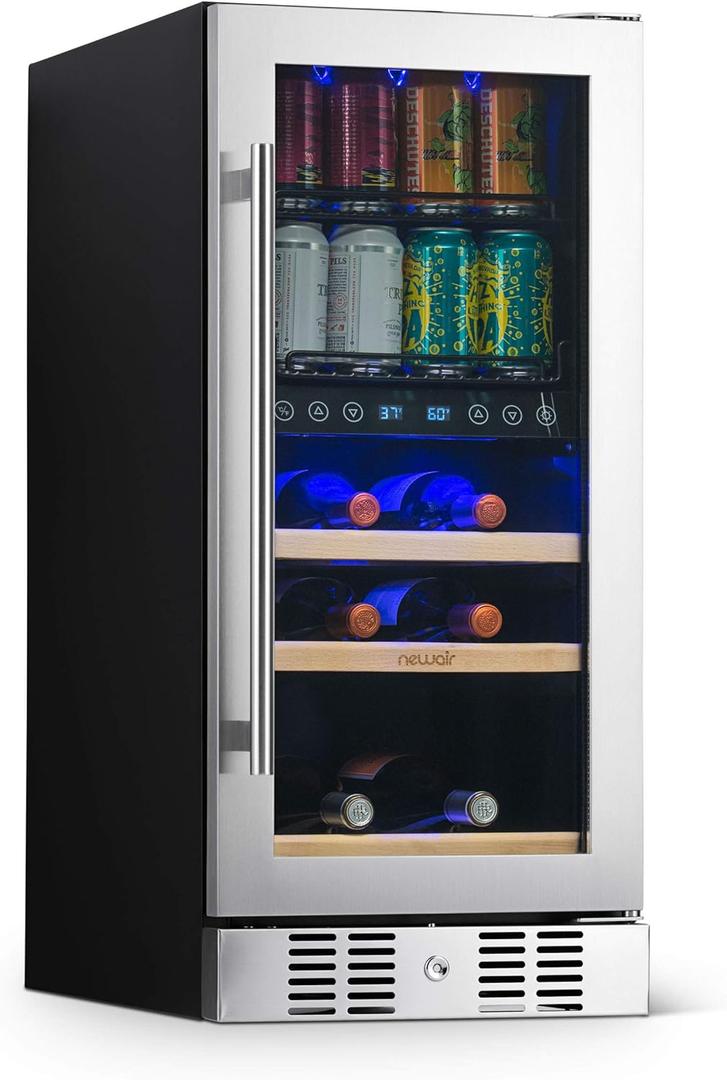 Newair 15" Wine and Beverage Refrigerator 9 Bottle and 48 Can Capacity, Beverage Cooler in Stainless Steel, Built-in or Freestanding Dual Zone Drink Fridge with Triple-Pane Glass Door