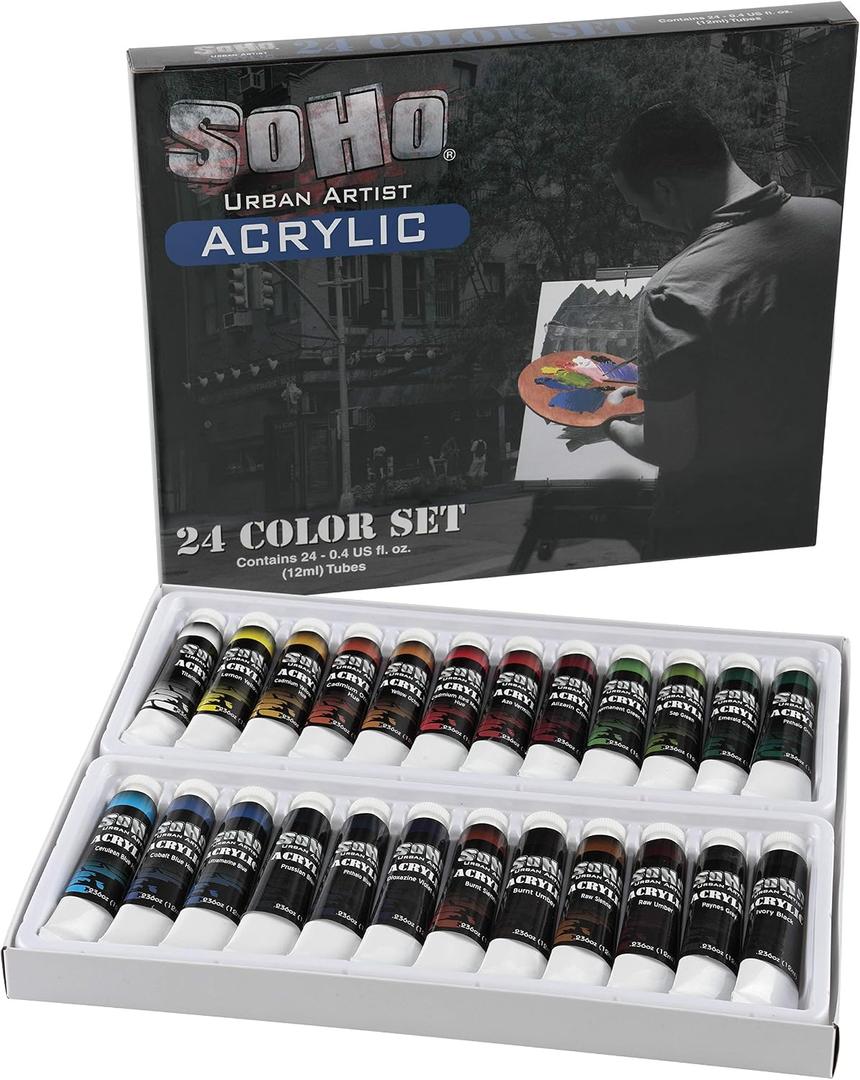 Soho Urban Artist Acrylic Paint - Thick, Rich, Water-Resistant, Heavy Body Paint, Basic Set of 24, Set of 24-12mL