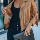 CHARTOU Casual Faux Leather Jacket Women Motorcycle Jacket Fringe Cropped Jacket Utility Tassel Suede Moto Jacket (XX-Large, Camel)