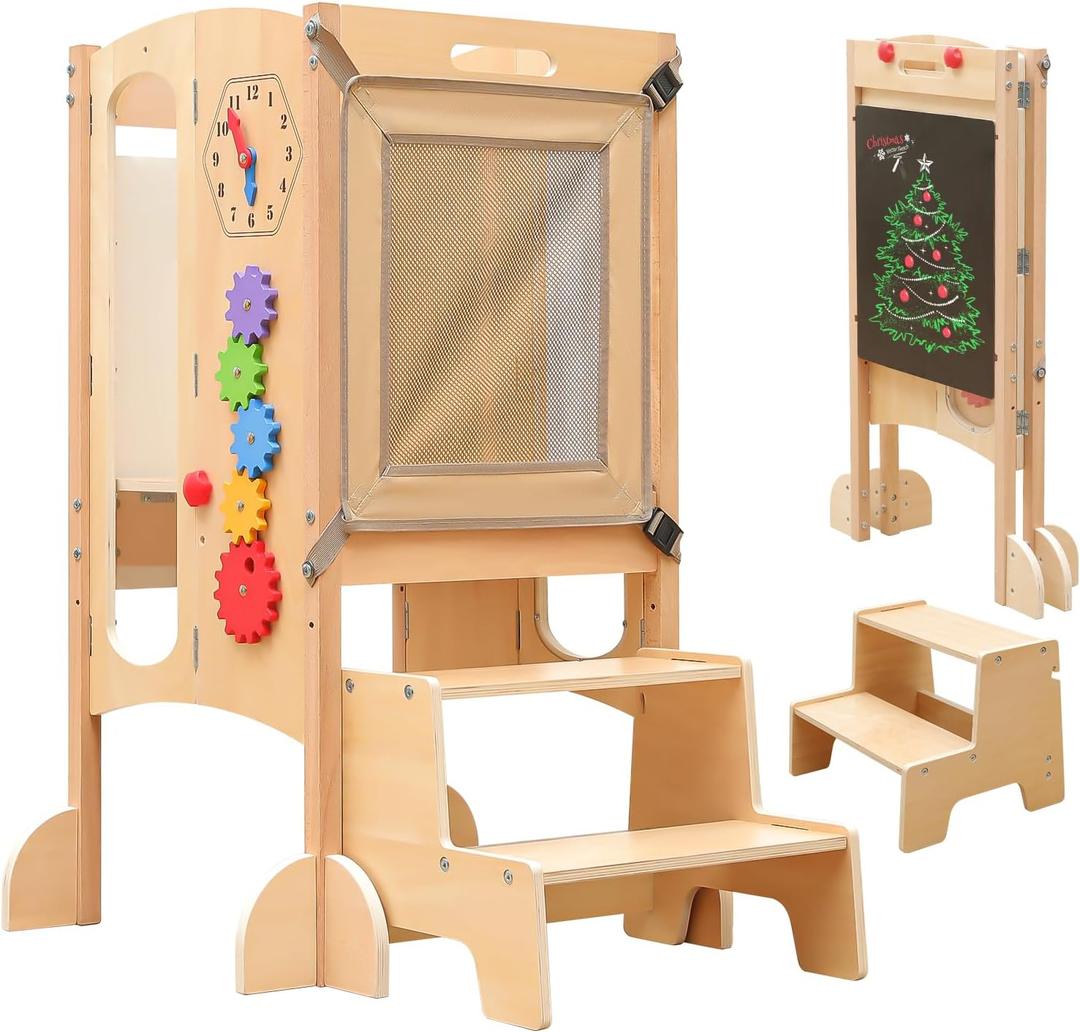 Toddler Tower Foldable Toddler Kitchen Stool Helper with 2 Step Stool, Safety Net, Adjustable Height, Chalk-Whiteboard& Montessori Activity