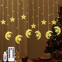 Lewondr 138 LED Star Moon String Curtain Lights,Hanging Fairy Lights with 6H Timer & 8 Modes,USB & Remote Control Ramadan String Lights for Christmas Bedroom Wedding Party Xmas Indoor Decor,Warm Light