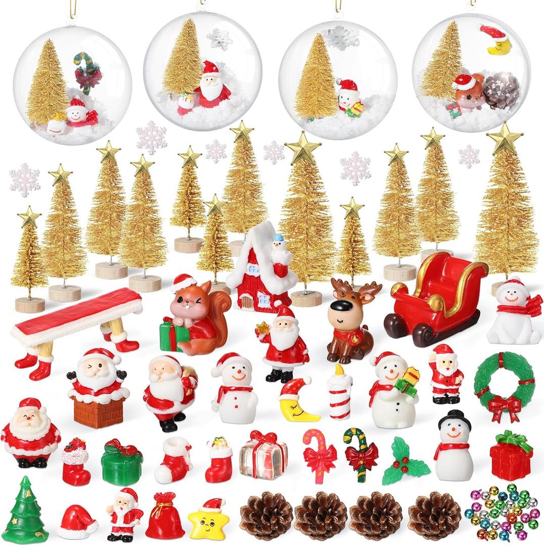Roowest 96 Pcs Miniature Ornaments for Snow Globe Kit DIY Christmas Village Decoration Christmas Figurines Mini Ornaments with Snowman Reindeer Santa Claus Snowflake(Gold)