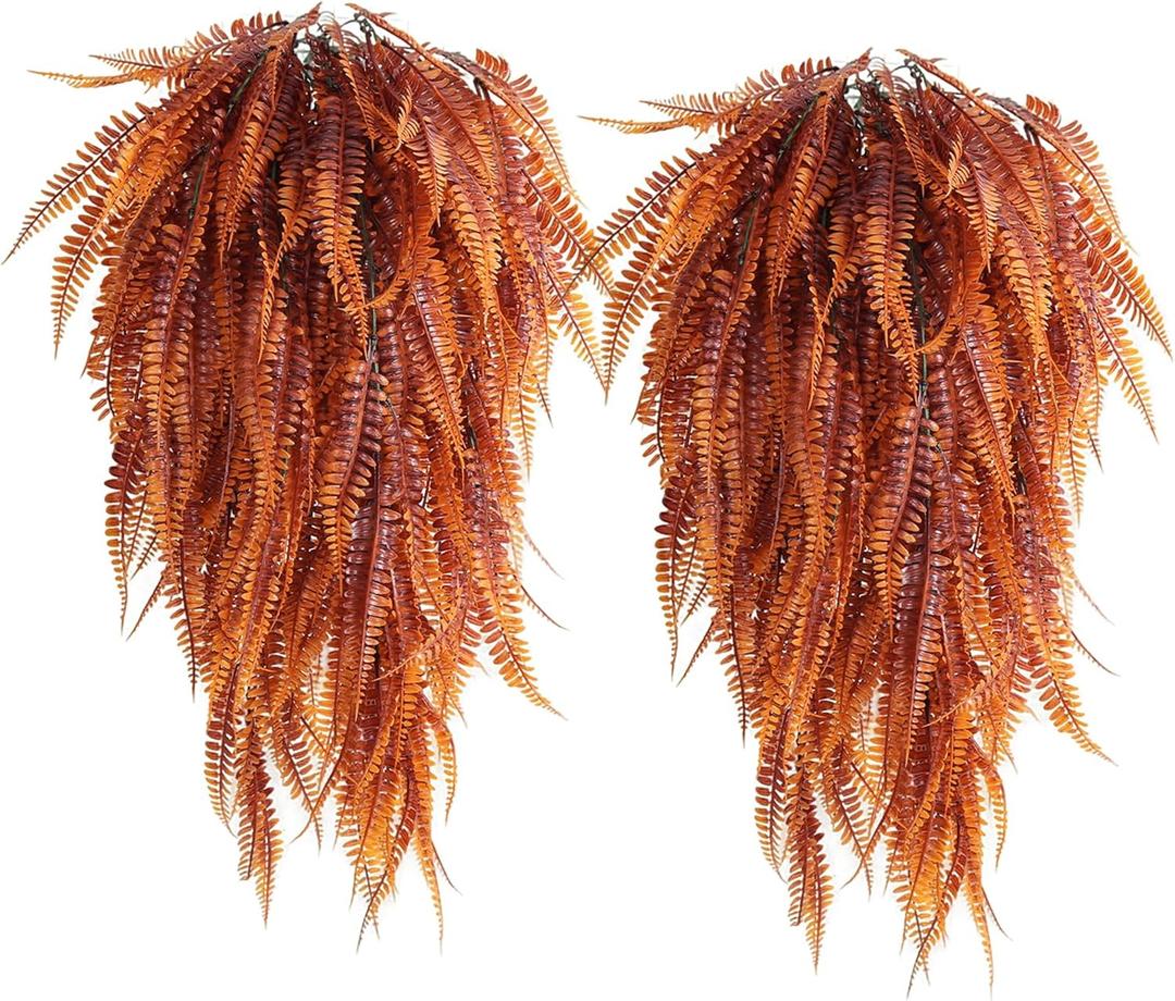 RECUTMS Fake Hanging Plants 4 Pcs Artificial Boston Ferns for Outdoors UV Resistant Draping Faux Greenery Plastic Decorative Vines for Bedroom Wall Garden Wedding Indoor (Brown)