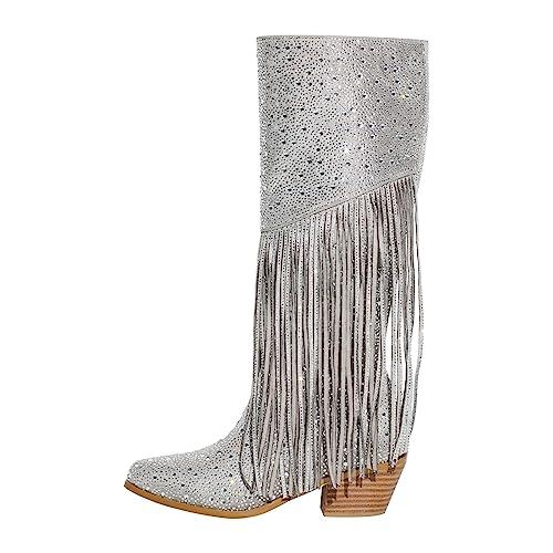 Richealnana Calf High Knee High Boots for Women Sparkle Rhinestones Sparkly Shining Comfortable Tabs Pull-On Boots Tassel Silver Size 8