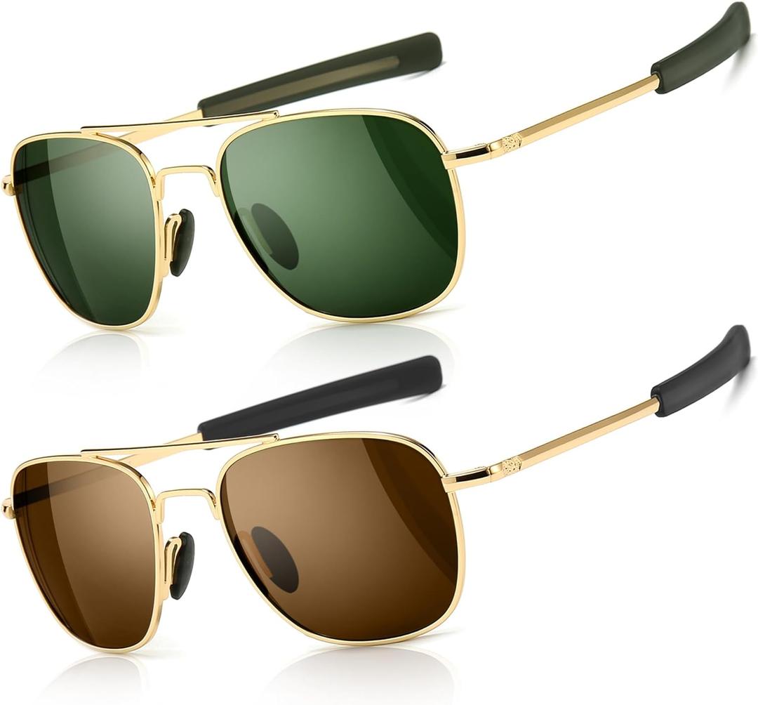 SUNGAIT Men's Military Style Polarized Pilot Aviator Sunglasses Bayonet Temples (Gold/Dark Green + Gold/Brown)