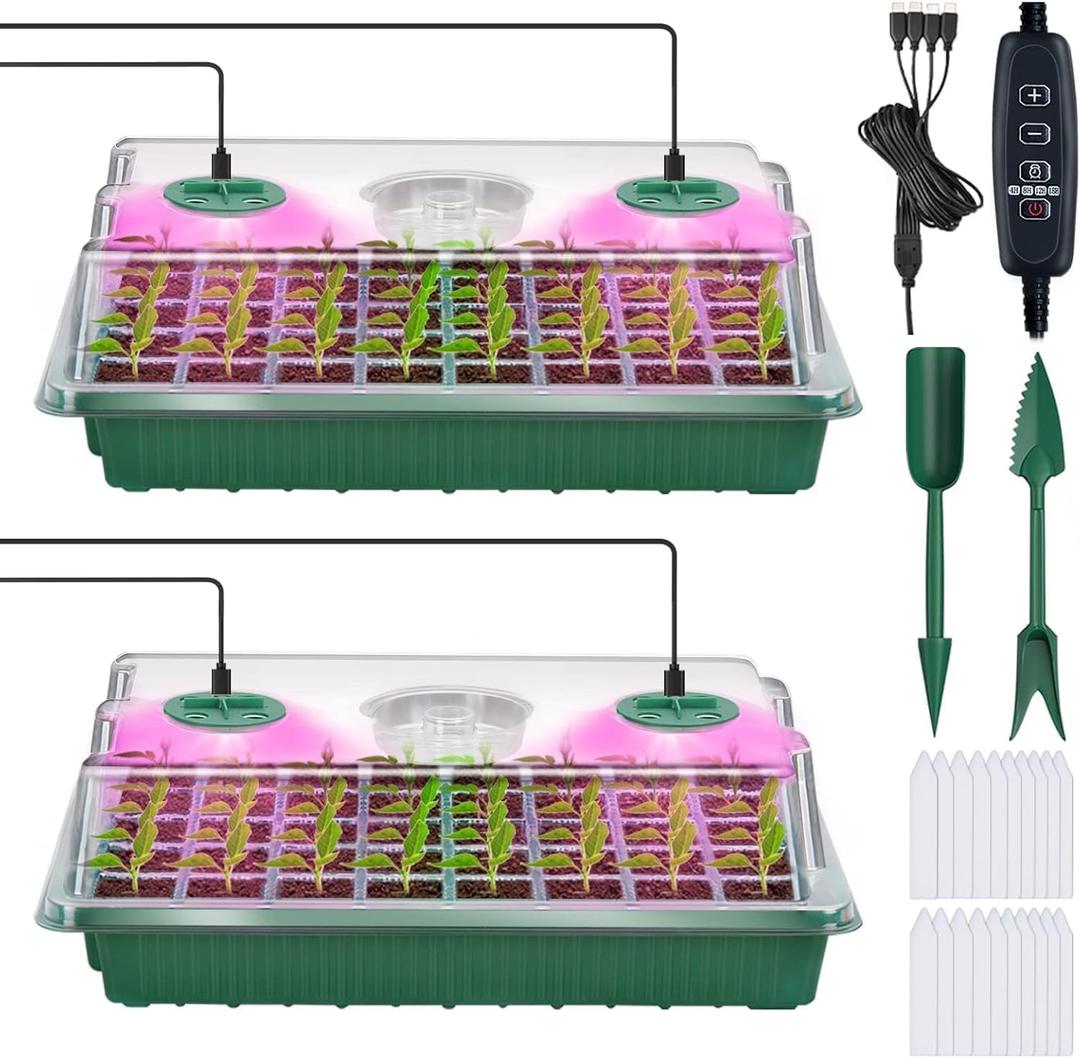YAUNGEL Seed Starter Tray with Grow Light, Seed Starter Kit with Timing Controller Adjustable Brightness,80 Cells Seed Starter Tray for Indoor Planting with Humidity Domes Heightened Lids 2 Pack (Green)